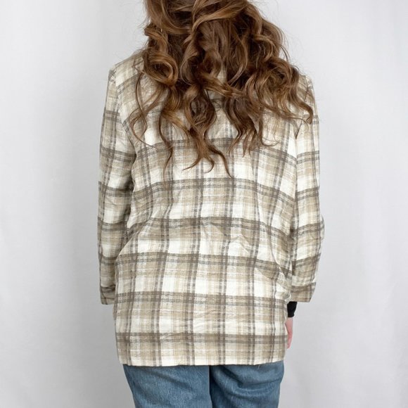 Vintage Parisian Plaid Oversized Preppy Linen Blazer Long Jacket Pea Coat Preppy - Picture 2 of 7